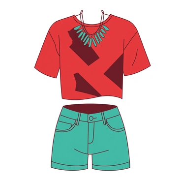 A red cropped blouse features a bold geometric pattern in contrasting teal shapes. The blouse has short sleeves and a rounded neckline, emphasizing its trendy design. Below the blouse, there is a pair of high-waisted denim shorts, showcasing a stylish outfit. A statement necklace with teal accents complements the look, adding to the overall vibrant aesthetic.