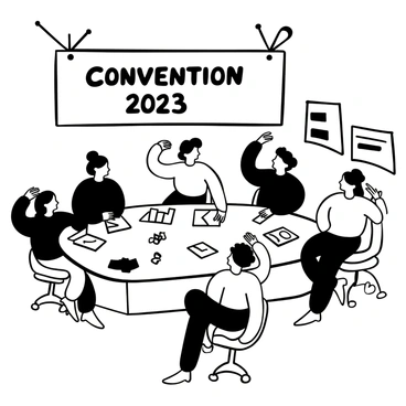 A group of delegates gathered around a long table, each individual engaged in a fervent discussion. Papers and documents are scattered across the table. Some delegates are leaning forward, others are gesturing emphatically with their hands. A large banner behind them prominently displays the words "Convention 2023." The setting is filled with chairs and a podium at the front, while a map and charts are visible on a nearby wall. The atmosphere conveys a sense of urgency and commitment to the topics at hand.