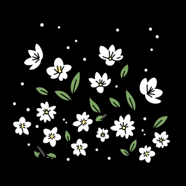 A garden at night, illuminated by the soft glow of "moonflowers" in white. The flowers are nestled among dark green foliage, their petals open wide to reveal delicate details. A gentle breeze causes the leaves to sway slightly. The background is dark, enhancing the luminous quality of the moonflowers, which are scattered throughout the garden in various clusters. The scene conveys a quiet and peaceful atmosphere.