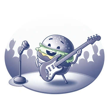 A burger character with a smiling face is standing on a stage. The burger has layers of lettuce, cheese, and sesame seeds visible, and it is holding an electric guitar with both hands. The stage has a microphone stand next to it. Bright lights are focused on the burger character, highlighting its cheerful expression as it strums the guitar. The background features a crowd of enthusiastic fans enjoying the performance.