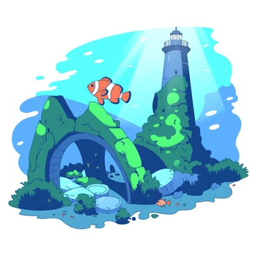 A vibrant orange clownfish is swimming through the remnants of an old, submerged lighthouse. The structure is partially covered in green seaweed and coral, with beams of sunlight filtering down from the surface, illuminating the scene. The clownfish is darting in and out of the broken walls and arches of the lighthouse, curiously navigating through the scattered remnants of glass and bricks. In the background, schools of small fish can be seen swimming around the ruins, adding to the lively underwater atmosphere.