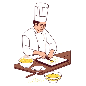A chef wearing a white uniform and a tall chef's hat is standing at a wooden kitchen counter. The chef is focused on preparing a dish, with a glass bowl of mixed vegetables nearby. Mustard seeds are scattered across the counter, glistening under the kitchen lights. In front of the chef, there is an array of utensils including a knife, a cutting board, and a small spoon resting beside the bowl. The chef's hands are engaged in chopping, capturing the essence of culinary preparation.
