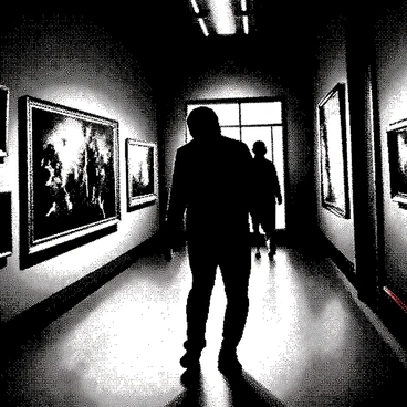 A dimly lit art museum hall is filled with "priceless paintings" hanging on the walls. The floor is polished and reflects the light from the spotlight above. "Laser security beams" crisscross the room, creating a maze of red lines. In the foreground, a figure dressed in all black is carefully maneuvering through the beams. Their face is obscured by a mask, emphasizing the stealth of the moment. In the background, a getaway driver's silhouette is visible through the glass doors, ready to assist in a quick escape.