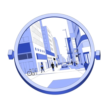 A moped mirror is positioned at the center of the image, its shiny surface capturing a vibrant reflection of a bustling city street. The reflection shows pedestrians walking on the sidewalk, some carrying shopping bags. There are bicycles leaning against a nearby building and the outlines of cars passing by. Tall buildings rise in the background, showcasing a variety of architectural styles. Streetlights and traffic signs are visible, adding to the urban atmosphere. The mirror itself has a rounded shape, with a metal frame surrounding it.