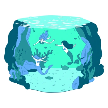 A turquoise lagoon is surrounded by lush green plants and rocks. Beneath the shimmering turquoise waters, several playful mermaids are swimming gracefully. The mermaids have long flowing hair and colorful tails, each reflecting shades of blue and green as they twirl and flip in the water. Sunlight filters through the surface, creating patterns of light and shadow on the sandy bottom. Small fish dart among the coral formations surrounding the mermaids, adding life to the scene.