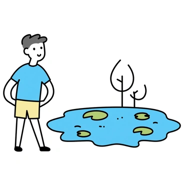 A serene pond with lily pads where a person pauses to reflect