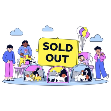 A pet adoption event taking place in a brightly lit park. In the center is a large wooden sign that reads "Sold Out" in bold letters. Surrounding the sign are empty puppy enclosures with colorful blankets. A few people in the background are looking disappointed but smiling at the happy dogs in their new homes. Some balloons float in the air, adding a festive touch to the scene. There are nearby tables with information about pet care and adoption.