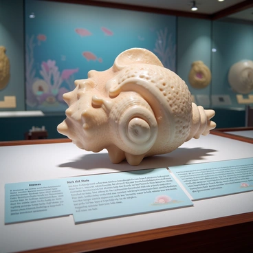 A weathered conch shell is positioned prominently on a velvet-lined display case in a museum exhibit. The shell has a rich texture, with intricate spirals and natural color variations of beige and pale pink. Surrounding the shell are small informational plaques detailing ancient sea life and marine ecosystems. Soft lighting highlights the features of the shell, casting gentle shadows. In the background, a faded mural depicting an underwater scene can be seen, featuring various marine creatures and coral formations.