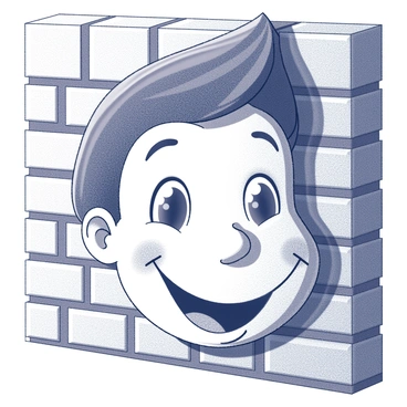 A simple face illustration is displayed prominently on a textured brick wall. The face features bold, exaggerated facial features, including large eyes, a wide smile, and stylized hair. The expression of the face is playful and inviting. The brick wall provides a rugged backdrop, with visible mortar joints and varying brick sizes. The illustration is created using black and white lines, with intricate detailing and patterns enhancing the facial features.
