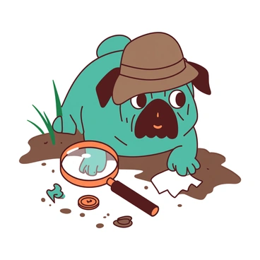 A teal pug wearing a brown deerstalker hat is intently examining a small clue on the ground with an orange magnifying glass held in its paw. The pug has a focused expression, its eyes wide with curiosity. Surrounding the pug, there are various scattered clues, including a small, torn piece of paper and a shiny button. The setting is an outdoor scene with a few blades of grass peeking through the soil where the pug is investigating.