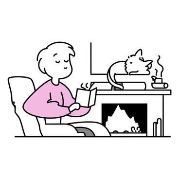A person sitting comfortably in a chair, reading a book. The person has short hair and is wearing a cozy sweater. Next to the person, a Persian cat with fluffy fur is curled up, resting peacefully. The scene includes a fireplace with a warm glow, and there are a few logs stacked nearby. The background features a simple wall and a small table with a steaming cup placed on it.