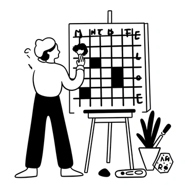 An artist is standing in front of a large canvas, holding a paintbrush and contemplating the design. The canvas features a grid layout inspired by a crossword puzzle, with black squares interspersed among white squares. Letters are artistically arranged within the grid, some partially painted and others outlined, forming recognizable words. The artist's palette is filled with various shades of black and white paint, and there are paint splotches on the floor surrounding the easel. In the background, tools like a palette knife and additional brushes are visible, emphasizing the creative process.