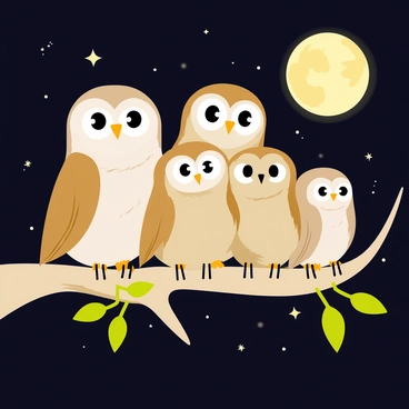 A family of owls perched closely together on a thick, sturdy branch. The owls have fluffy feathers in various shades of brown and gray, with large, round eyes that gleam in the moonlight. Each owl has a distinct expression, some looking curious while others appear sleepy. The background is a dark night sky dotted with twinkling stars and a bright, full moon casting soft light on the scene. Some leaves surround the branch, adding a touch of green to the illustration.