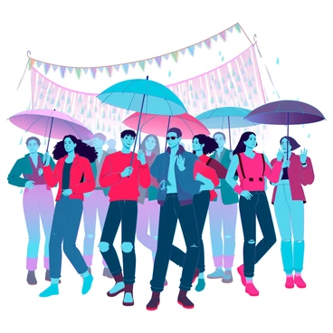 A crowd of diverse people holding colorful umbrellas of various shapes and sizes. The individuals have a mix of expressions, showcasing joy and excitement as they walk in unison. They are dressed in bright clothing, adding to the festive atmosphere of the scene. Raindrops are visible, splashing on the pavement, creating a lively interaction with the environment. The background features blurred figures and decorations that suggest a vibrant parade setting.