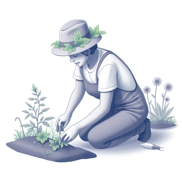 A gardener is kneeling on the ground, tending to a bed of plants. The gardener is wearing a wide-brimmed hat that is embellished with fresh, green leaves attached around the crown. The hands of the gardener are gently digging into the soil, and a small gardening tool rests nearby. In the background, various plants and flowers are growing, creating an impression of a vibrant garden setting.