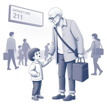 A young child stands at an airport terminal, tears streaming down their face. The child is holding tightly onto the hand of an elderly grandparent, who has a gentle expression and is leaning down to offer comfort. The grandparent wears a light jacket and carries a small bag slung over their shoulder. Surrounding them are elements of an airport, including a large departure board in the background and travelers moving in various directions. The scene captures an emotional moment, showcasing the bond between the grandchild and grandparent as they prepare to part ways.