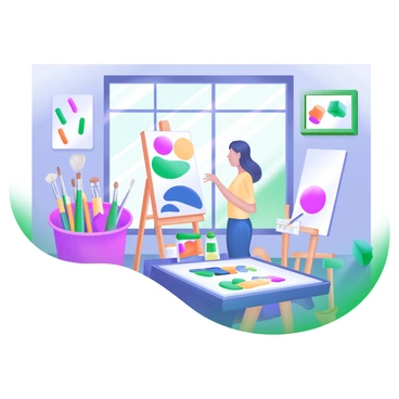 A bright art studio filled with natural light streaming through large windows. An artist is standing in front of a canvas, focused on painting. The canvas features vibrant colors and bold strokes. Surrounding the artist are various art supplies, including tubes of paint in a rainbow of colors, brushes of different sizes in a holder, and a palette covered in mixed shades. There are also sketchbooks and easels scattered throughout the studio, adding to the creative atmosphere. The walls are adorned with framed artwork showcasing different styles and techniques.