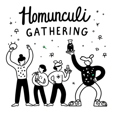 A group of Homunculi stands together, each with distinct features and attributes. The first Homunculus is tall and muscular, with intricate alchemical symbols etched into its skin, emanating a faint glow. The second is short and wiry, with elongated limbs, holding a small flask filled with a bubbling potion. The third Homunculus has a rounded body, its surface covered in gears and mechanical parts, suggesting a connection to machinery. Another Homunculus displays an array of colorful crystals embedded in its body, reflecting light in various directions. Surrounding them are swirling mist and small sparks, emphasizing their unique powers and the atmosphere of alchemical energy. The words "Homunculi Gathering" are displayed prominently above them.