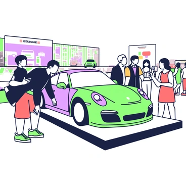 A Porsche 911 is prominently displayed on a sleek, reflective platform at an auto show. The car is facing slightly to the left, showcasing its curvy silhouette and distinctive headlights. Surrounding the vehicle, there are several people admiring its design. A man in a black jacket is leaning closer, inspecting the front grille, while a woman in a red dress stands to the side, holding her phone up to capture a picture. In the background, there are banners displaying the Porsche logo and other cars, creating a bustling atmosphere filled with automotive enthusiasts.