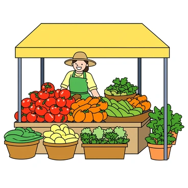 A vibrant market stall filled with a variety of fresh fruits and vegetables. The stall is covered with a bright yellow canopy, providing shade for the colorful produce underneath. There are baskets overflowing with red tomatoes, green cucumbers, yellow bell peppers, and bright orange carrots. A friendly vendor with a warm smile stands behind the stall, wearing a green apron and a straw hat. She is arranging the fruits neatly, and there are also fresh herbs, like basil and parsley, displayed in small pots. Sunlight casts playful shadows on the ground, and a few customers can be seen browsing nearby.