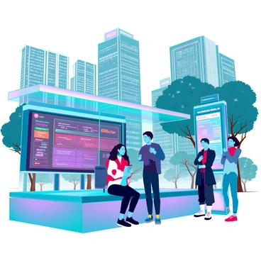 A bustling urban bus stop surrounded by high-rise buildings and busy streets. Several people of diverse backgrounds are waiting at the stop, some checking their smartphones while others converse. A large digital screen prominently displays bright, colorful smart bus schedules, showing arrival times and routes in real-time. The bus stop has sleek, modern benches and a transparent shelter with glass panels. Trees and city lights are visible in the background, contributing to the lively atmosphere of the urban environment.
