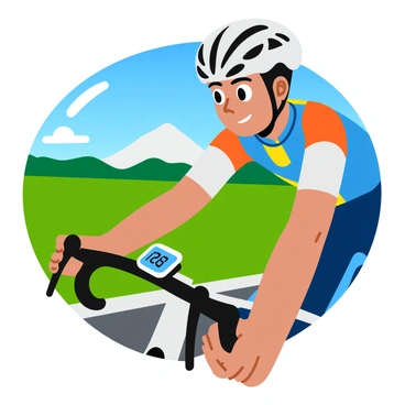 A close-up of a triathlete wearing a sleek, aerodynamic helmet and colorful cycling attire. The triathlete's intense expression is focused on a digital speedometer mounted on the bike's handlebars. The speedometer displays a bright, clear number indicating high speed. The background shows a blurred landscape of green fields and blue sky, emphasizing the fast pace of the cycling. The bike features thin, streamlined wheels and a shiny frame, conveying a sense of motion and energy.