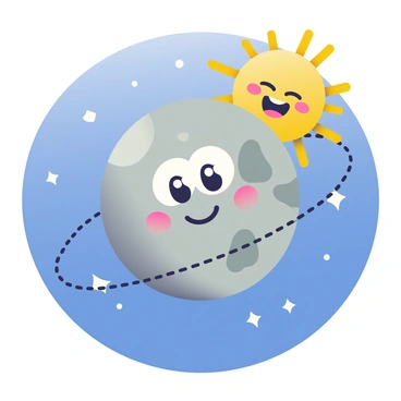 A cartoon representation of Mercury with a smiling face is shown in the foreground. Mercury has a rocky gray surface with distinct craters and is adorned with exaggerated cartoonish eyes. It is depicted orbiting around a bright yellow Sun, which has cheerful facial features and radiates vibrant rays. The background features a deep blue space filled with scattered stars to emphasize the cosmic setting. Mercury's path is illustrated with a dashed line to indicate its orbit around the Sun, enhancing the sense of movement.