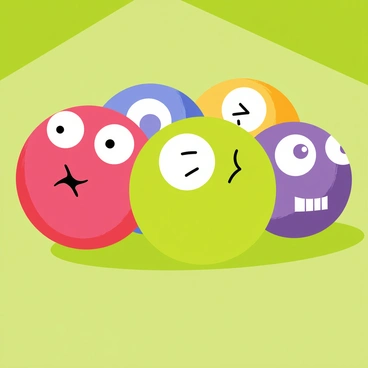 A group of colorful billiard balls arranged on a green felt table. Each ball has a whimsical human face drawn on it, displaying a variety of emotions. The first ball, a red one, has a joyful expression with wide eyes and a big smile. The second ball, a blue one, has a surprised look with raised eyebrows and an open mouth. The third ball, a yellow one, shows a sad face with droopy eyes and a frown. The fourth ball, a green one, has a cheeky grin and winking eye, embodying playfulness. The fifth ball, a purple one, presents an angry expression with furrowed brows and clenched teeth. The vibrant colors of the billiard balls contrast against the dark green of the table, creating a lively scene.