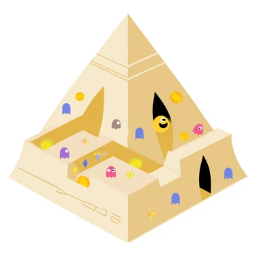 A Pac-Man-themed maze designed in the shape of an ancient pyramid. The pyramid has a sandy beige color with intricate hieroglyphics etched into its surface. Inside the maze, there are various treasures scattered throughout, including golden coins, sparkling jewels in vibrant colors, and ancient artifacts. The maze walls are adorned with pixelated elements reminiscent of classic arcade games. "Pac-Man" is depicted as a yellow circular character navigating through the corridors of the maze, collecting treasures while avoiding colorful ghosts.