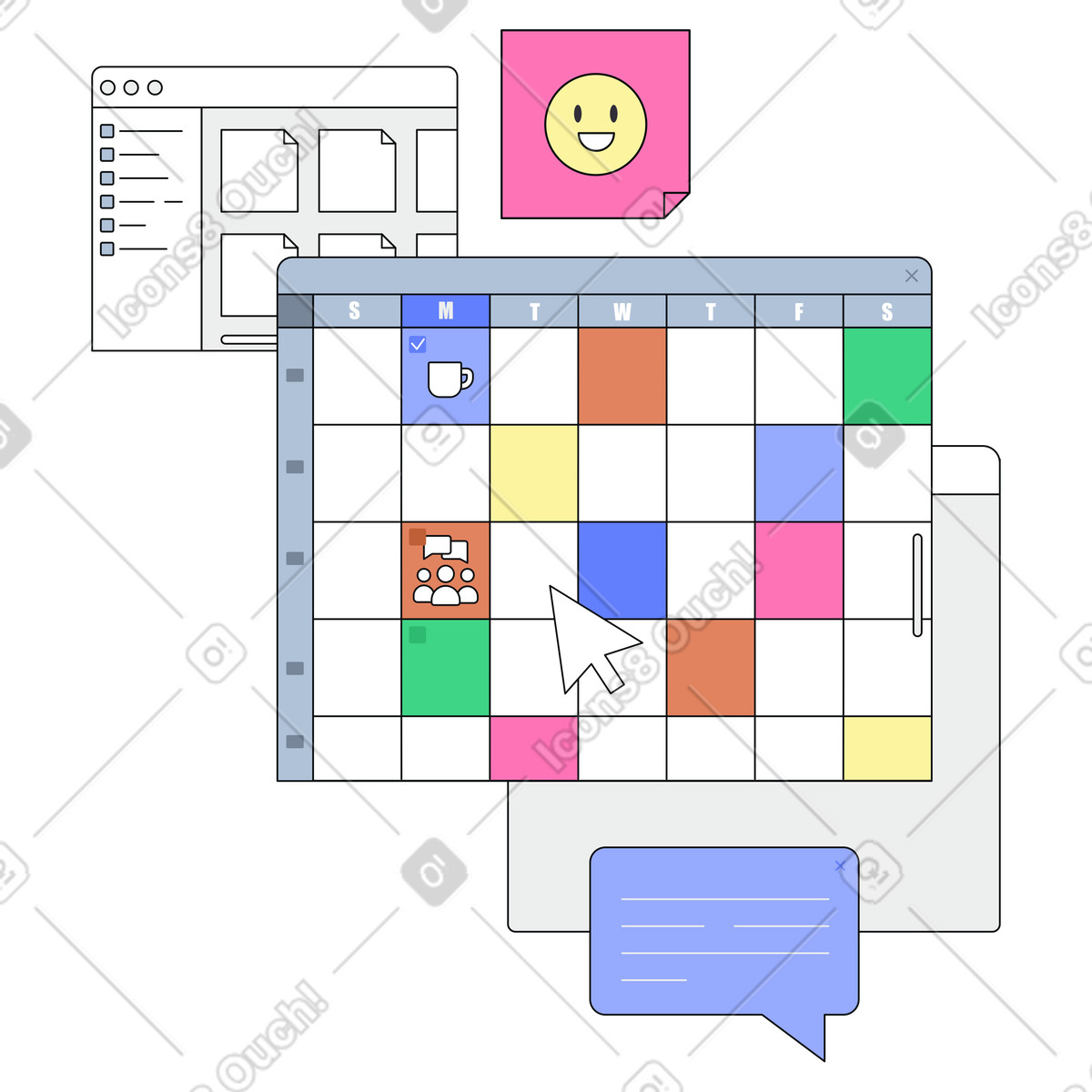 Weekly planner grid with color coded blocks, Project management scheduling tool illustration in Teko style download in PNG, SVG