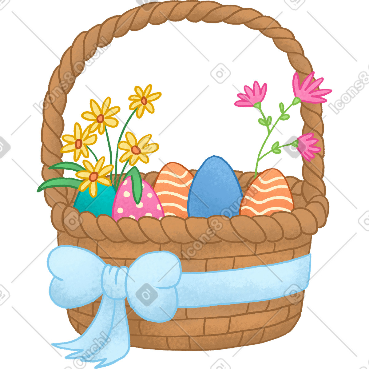 Basket with easter eggs and flowers illustration in Hue style download in PNG, SVG