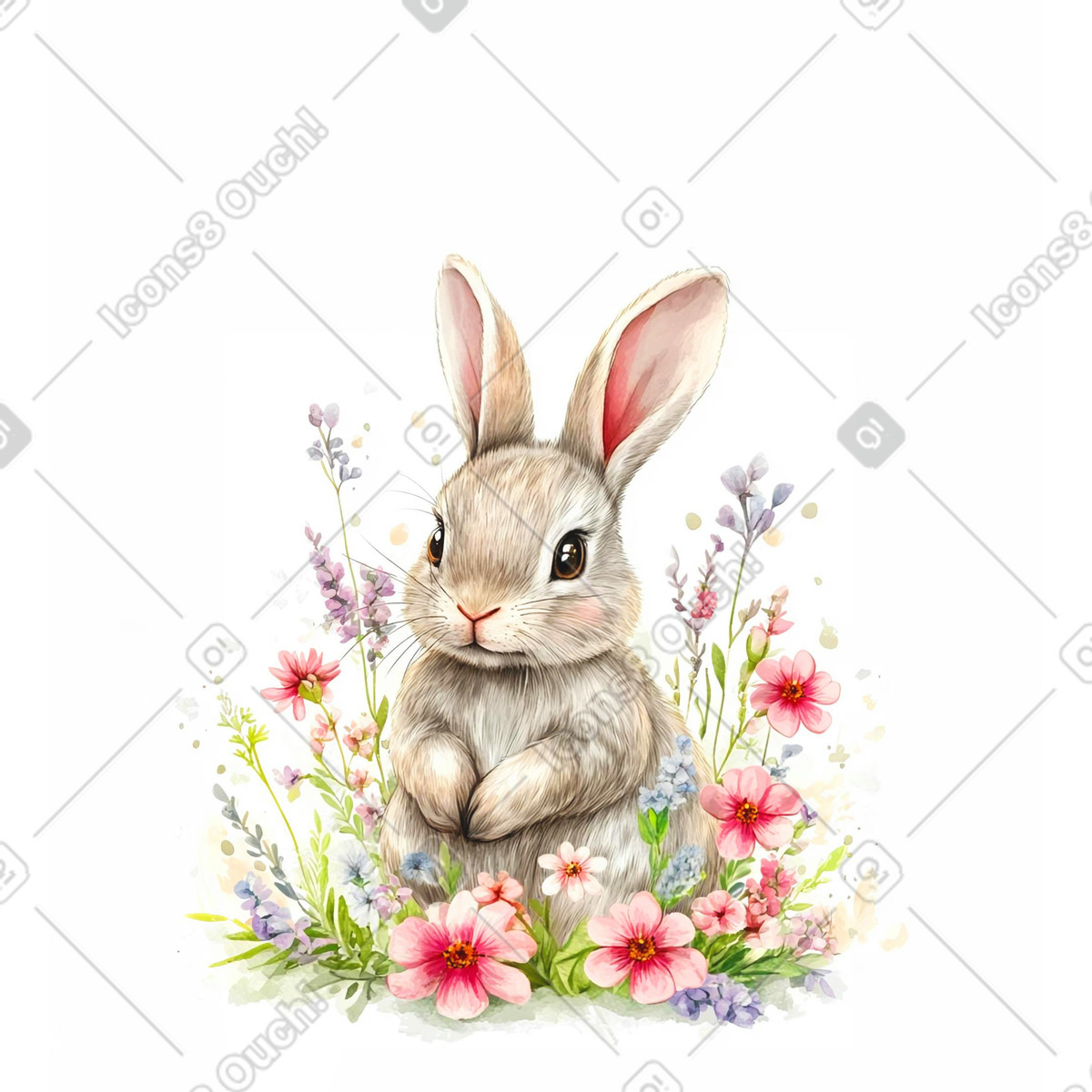 Bunny with flowers, watercolor illustration in Postcards style download in PNG, SVG