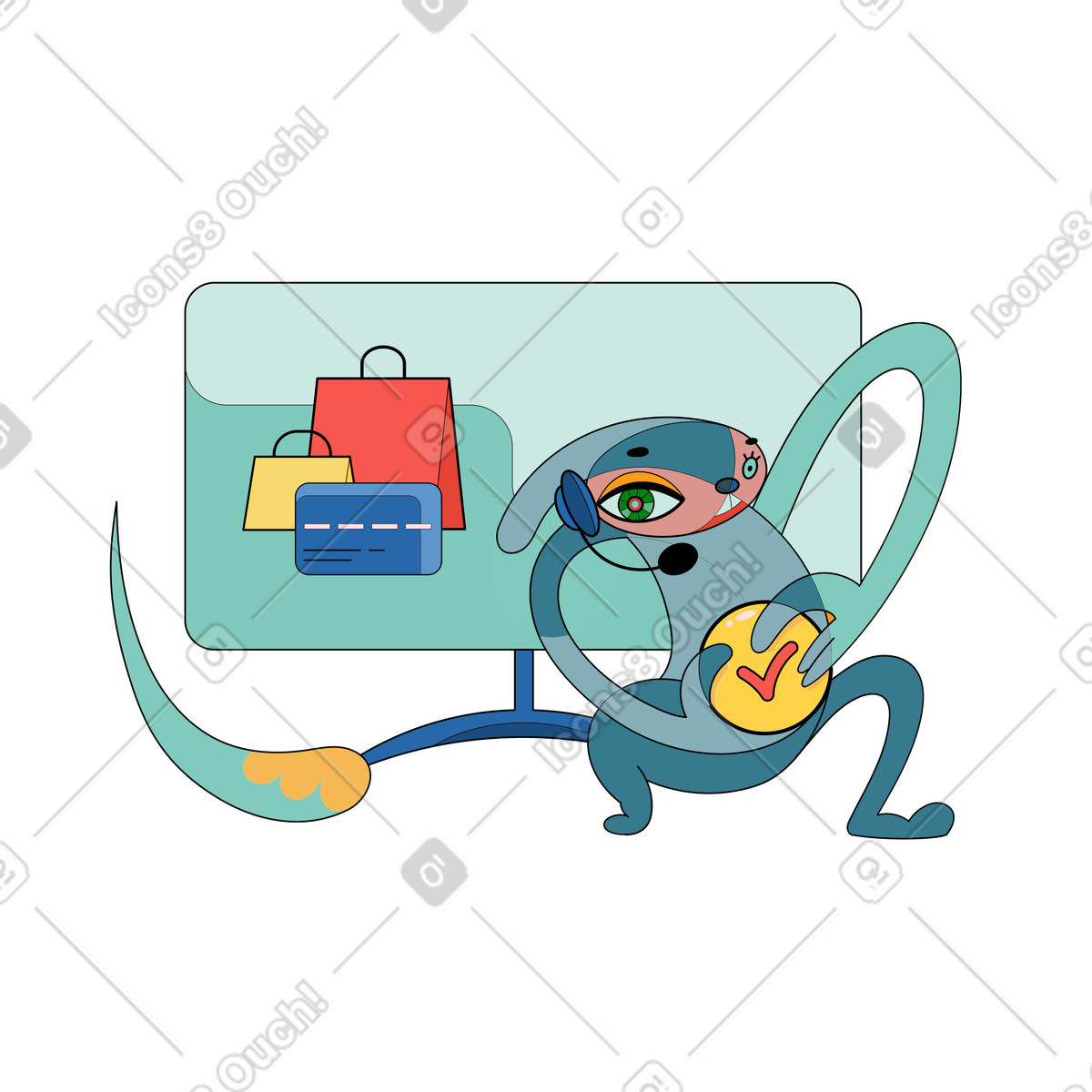 Ilustração de Support agent at computer with shopping bags, Online and ecommerce em no estilo Surr para baixar em PNG, SVG