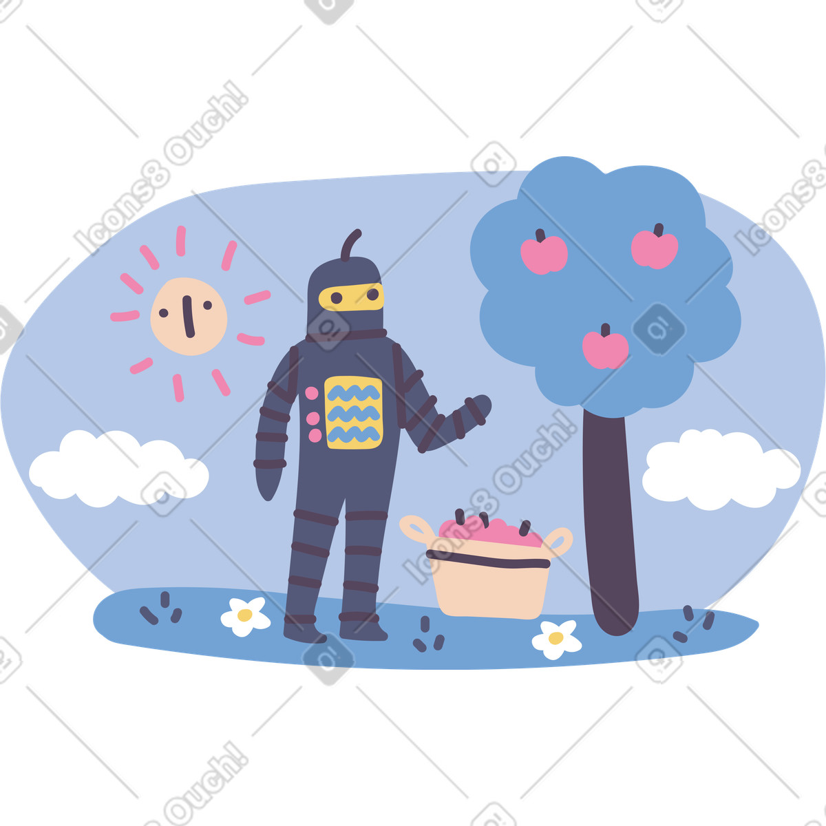 Robot picking apples in the garden illustration Pluto style download PNG, SVG