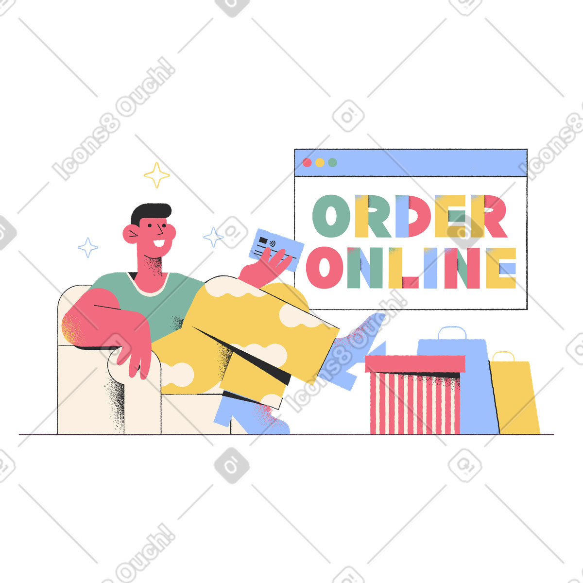 Shopping from phone with order online screen, E-commerce purchase or illustration in Pablo style download in PNG, SVG