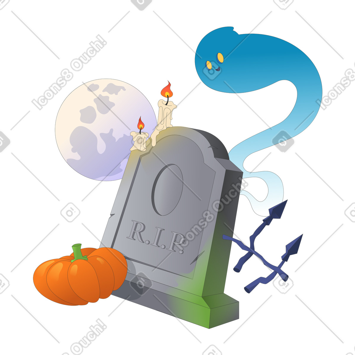 Graveyard and ghost at Halloween night illustration in Kit style download in PNG, SVG