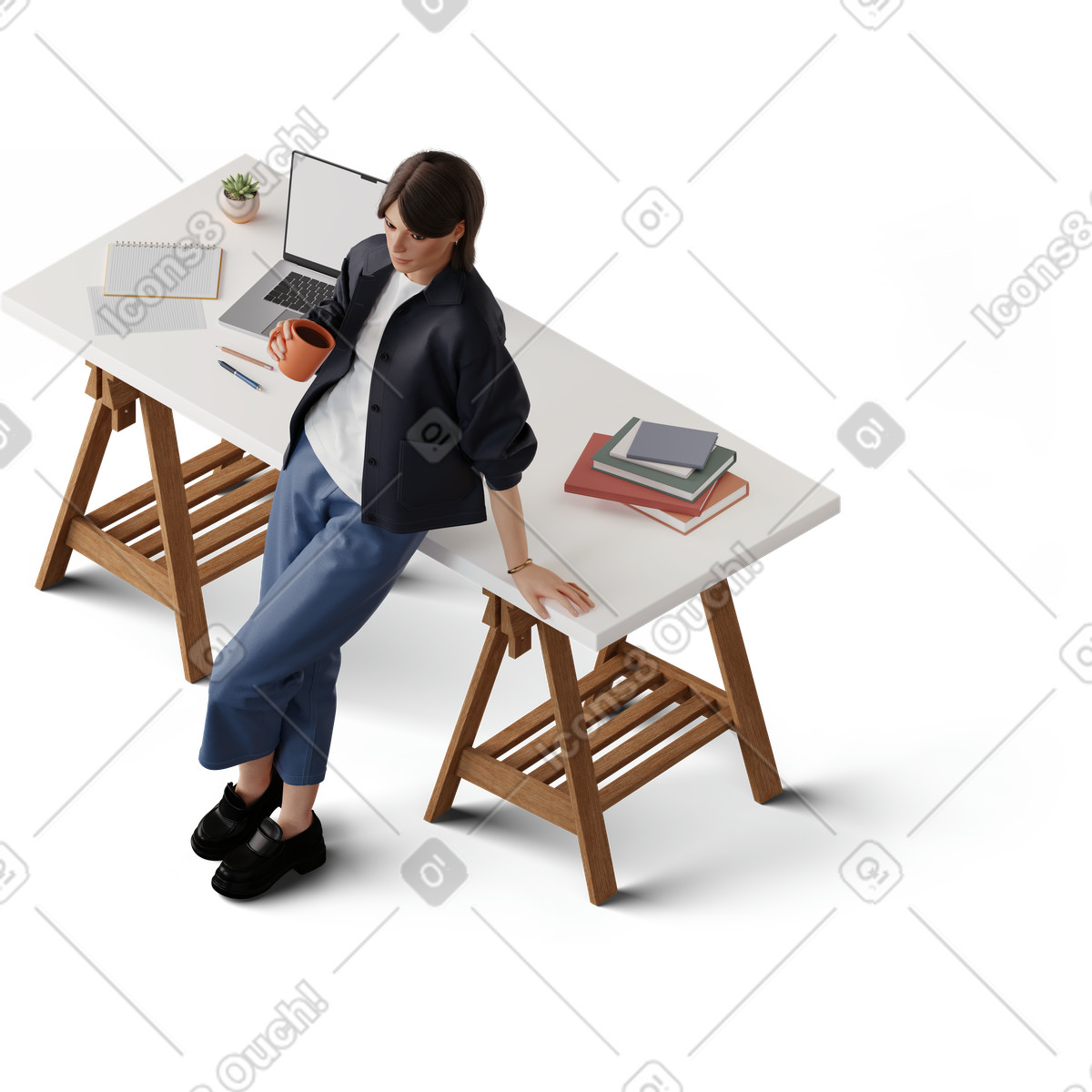 Isometric view of young woman leaning on table illustration in 3D Hygge style download in PNG, SVG
