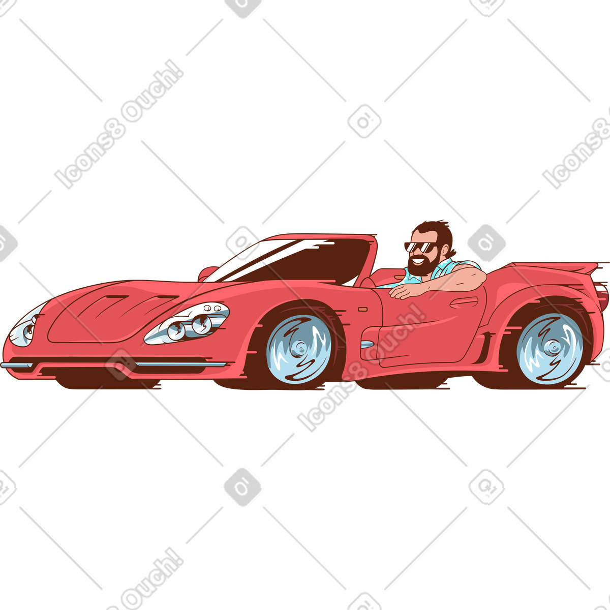 下载 Eastwood 风格的 Happy man in red cabriolet 插画，支持 PNG、SVG 格式