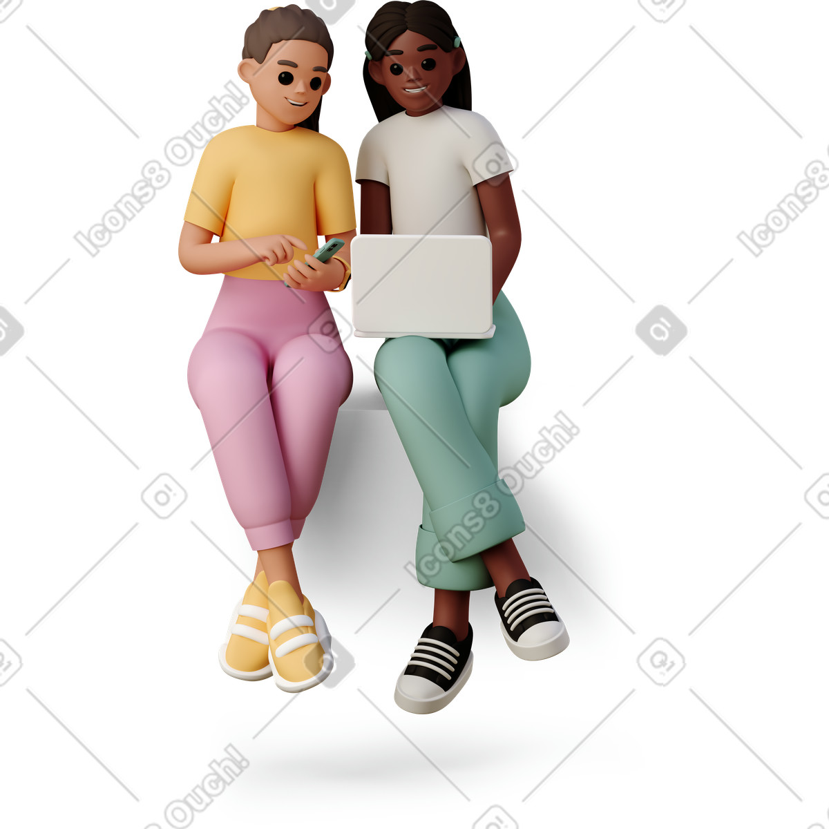下载 3D Casual life 风格的 Girls sitting with laptop 插画，支持 PNG、SVG 格式