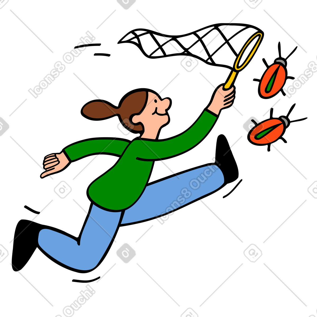 Illustration Débogage : fille avec filet anti-insectes dans le style Comic à télécharger aux formats PNG, SVG