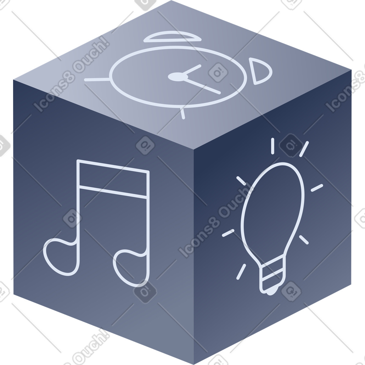 Ilustración Cubo con iconos de nota musical, despertador y bombilla. en estilo Lucent a descargar en PNG SVG