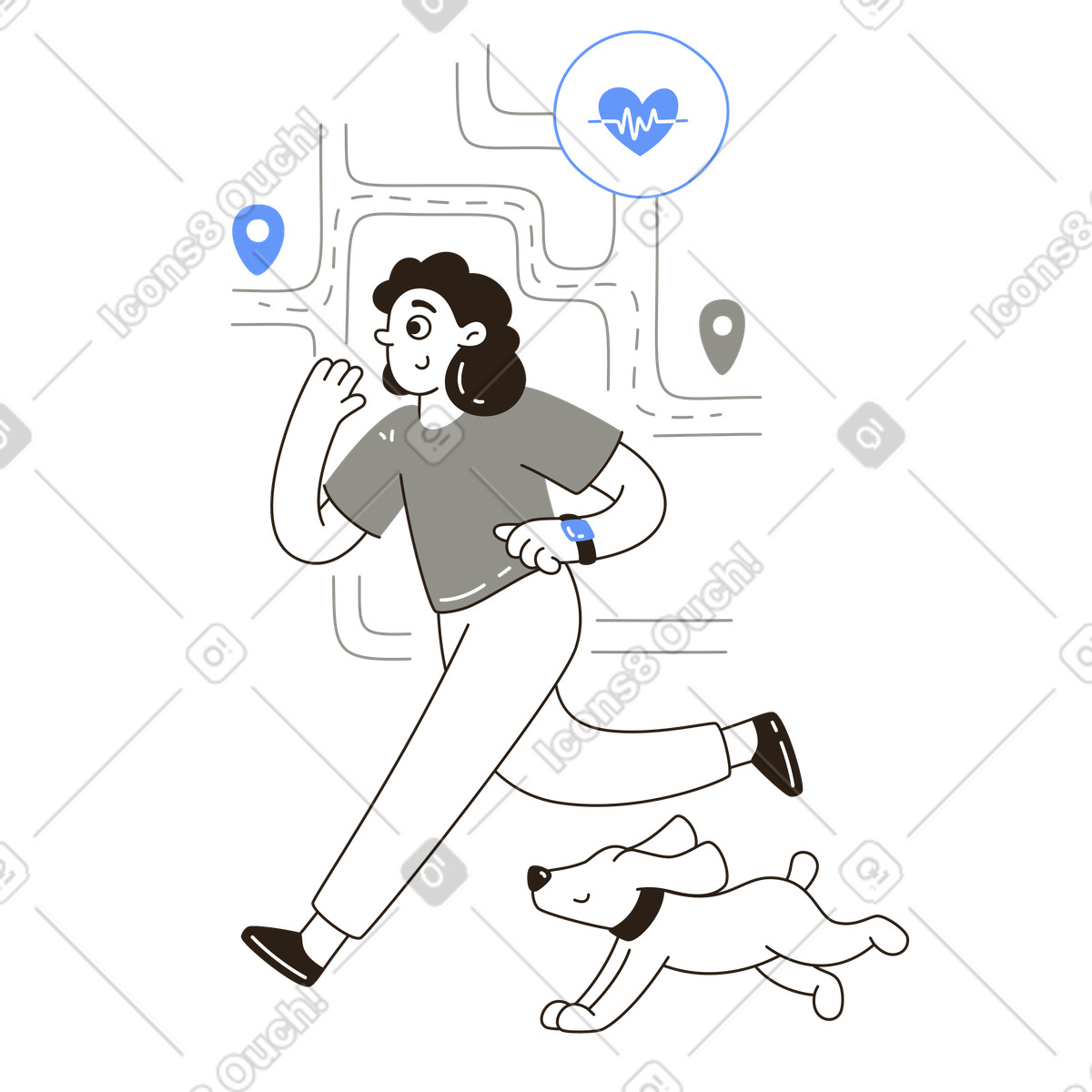 Laufen mit hund auf einer städtischen route, fitness und gesunde lebensweise-Illustration im Plain-Stil als Download in PNG, SVG