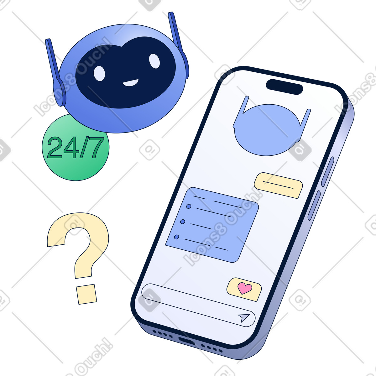 Chatbot answering user questions, 24/7 customer support automation illustration in Neat style download in PNG, SVG