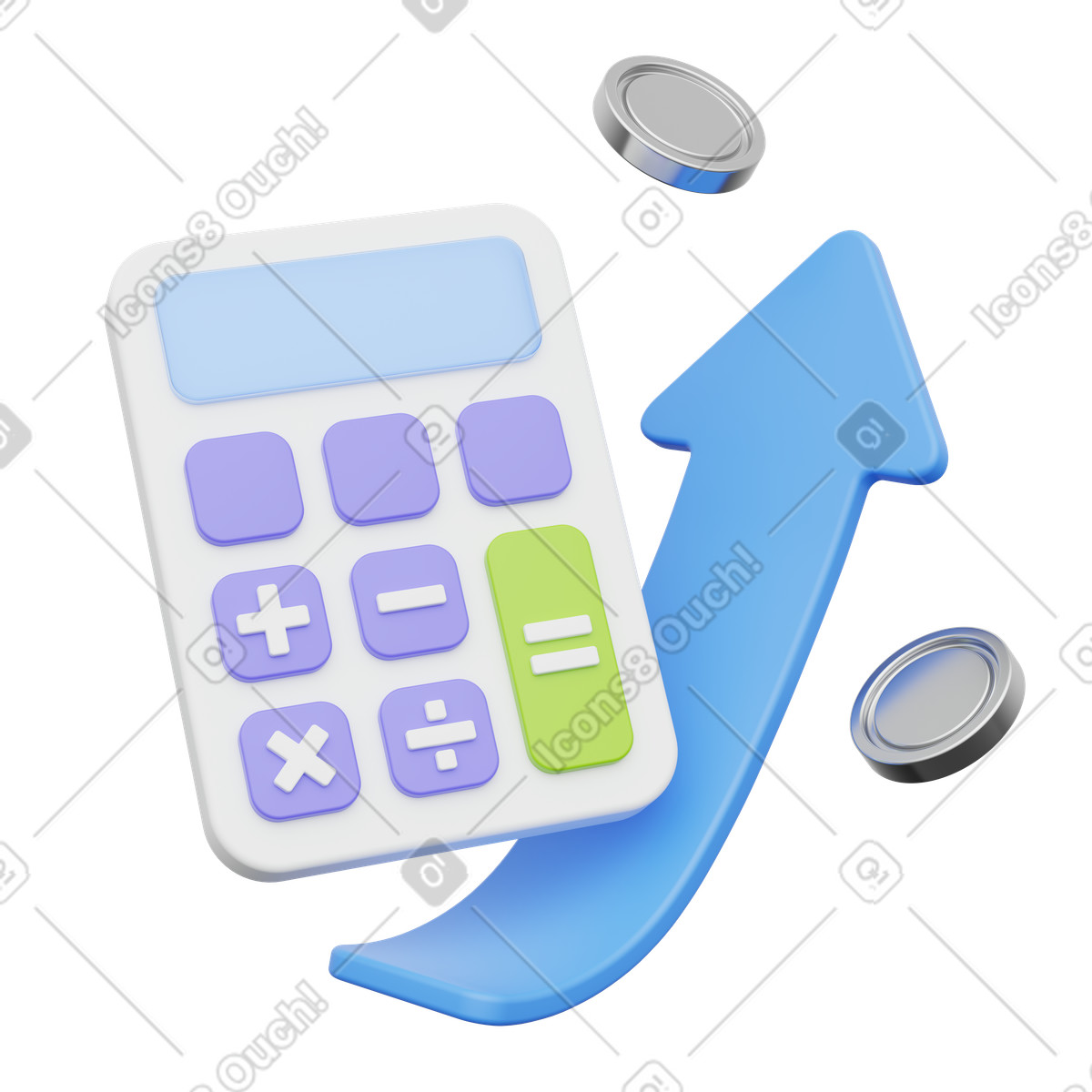 Arrow with calculator and coins, business calculation, profit analysis illustration in 3D Playful style download in PNG, SVG