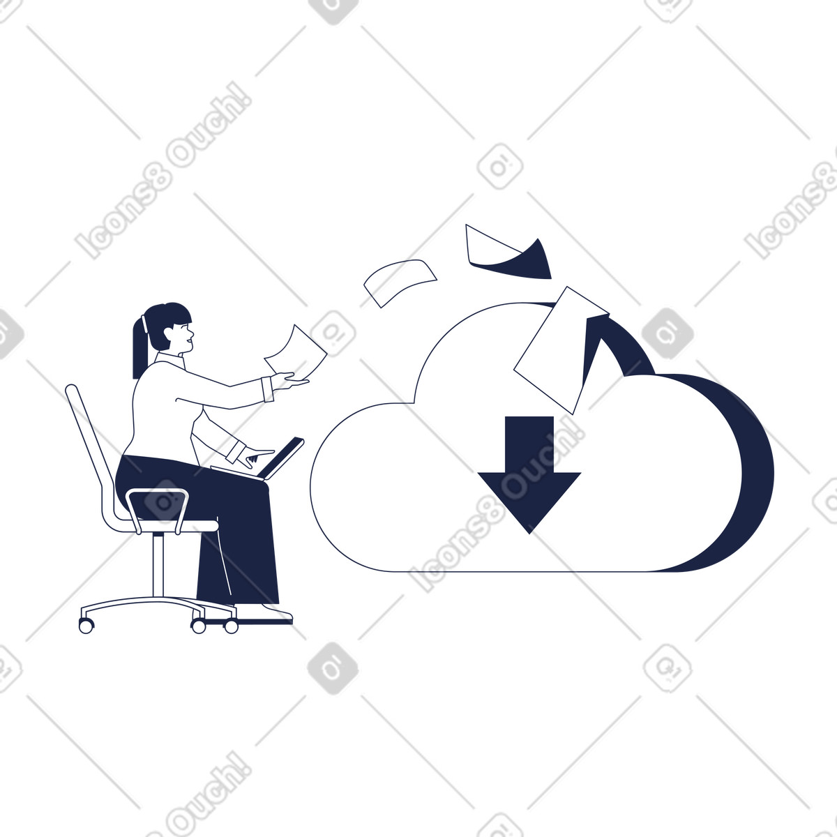 La donna invia i documenti al cloud storage illustrazione in stile Urban Line scarica in PNG, SVG