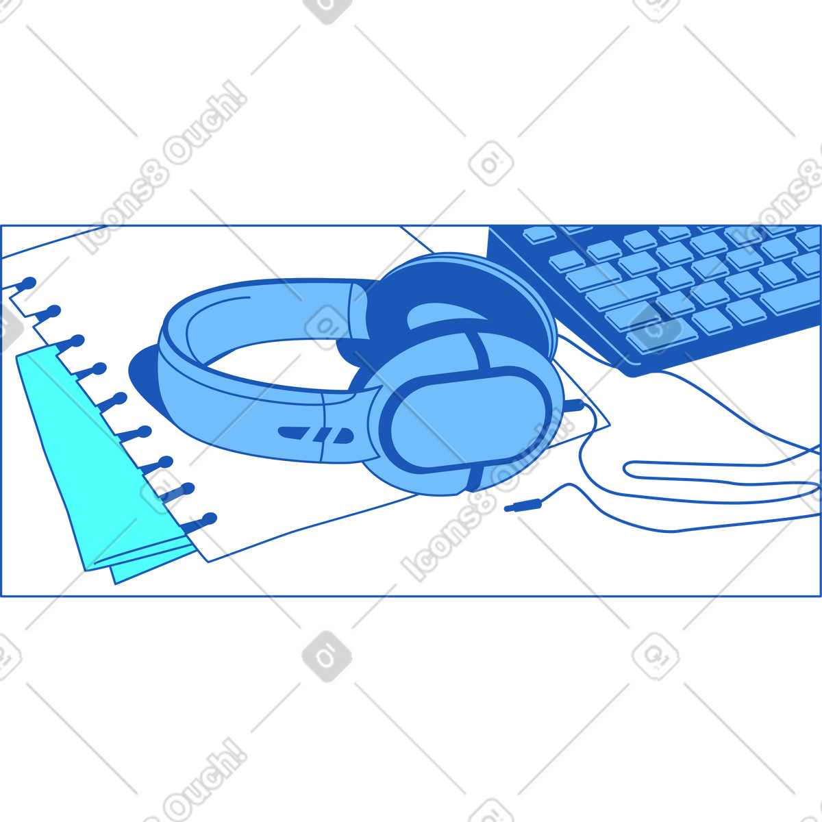 下载 Storyline 风格的 带耳机和键盘的框架 插画，支持 PNG、SVG 格式