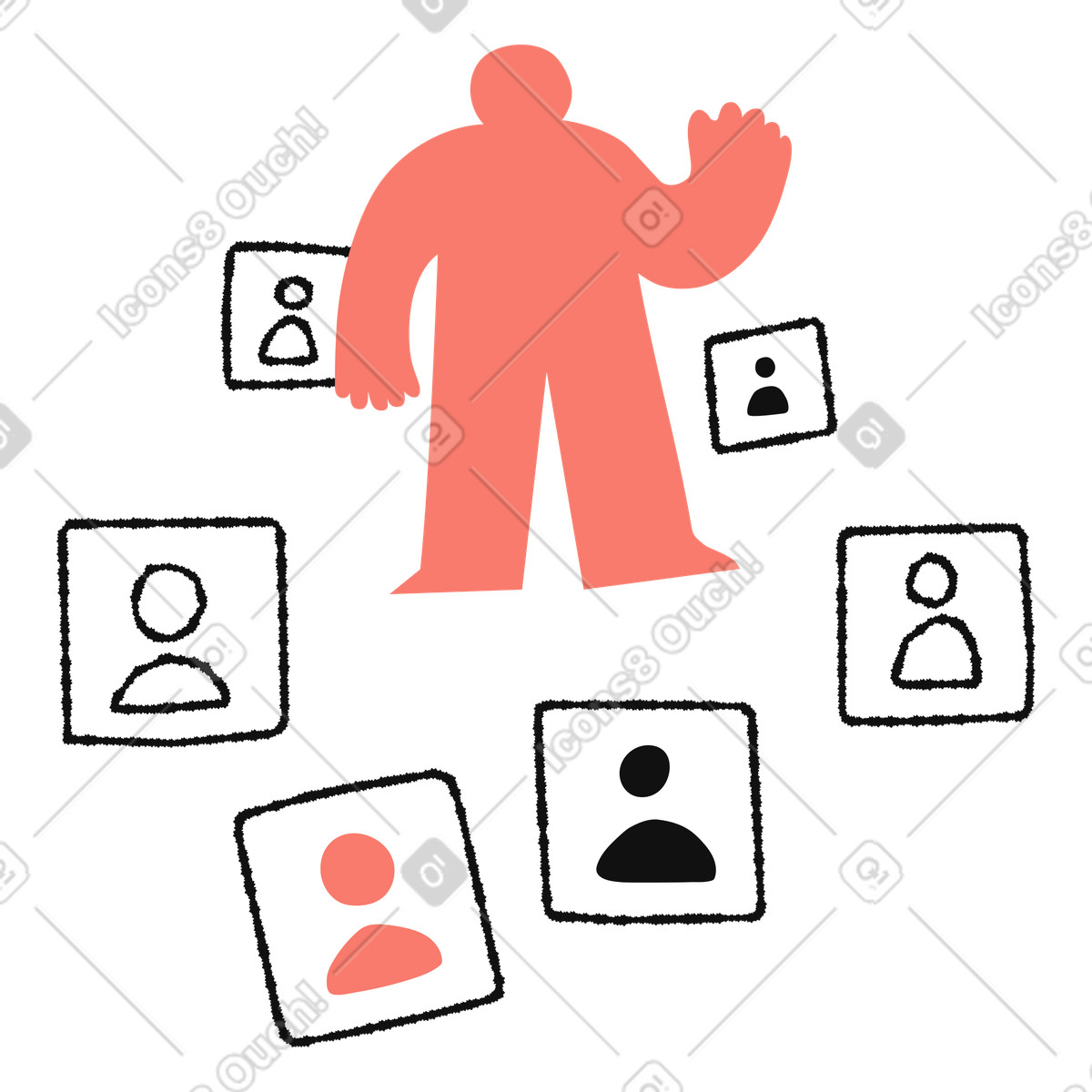 Illustration Social media administrator overseeing user profile icons for digital network dans le style Bold People à télécharger aux formats PNG, SVG