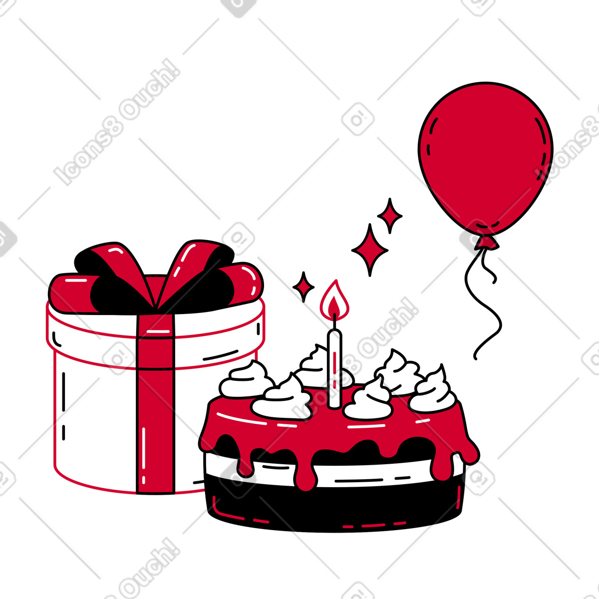 Birthday cake with present and balloon illustration in Ruby style download in PNG, SVG