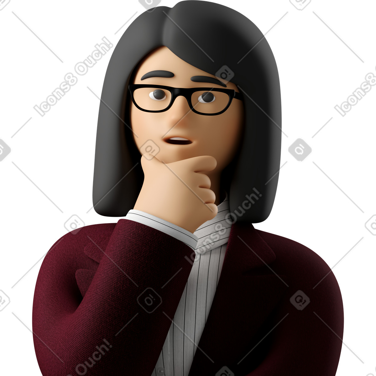 Close up of pondering businesswoman in red suit-Illustration im 3D Business-Stil als Download PNG, SVG