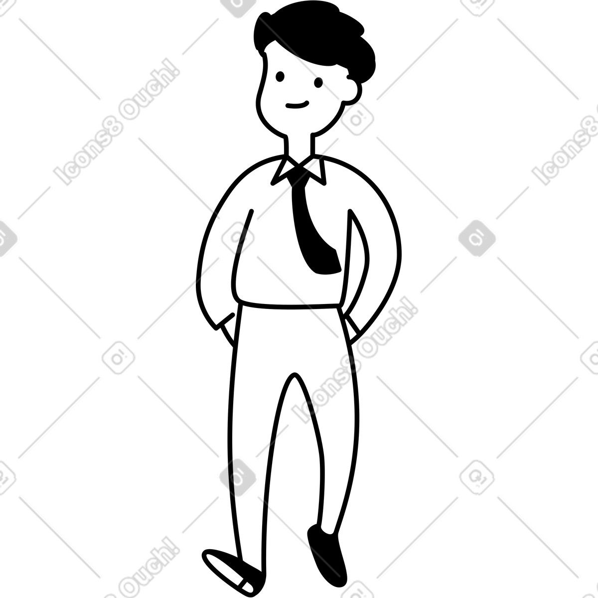 Business character in tie with hands pocket confidently walking-Illustration im Notion Line Art-Stil als Download PNG, SVG